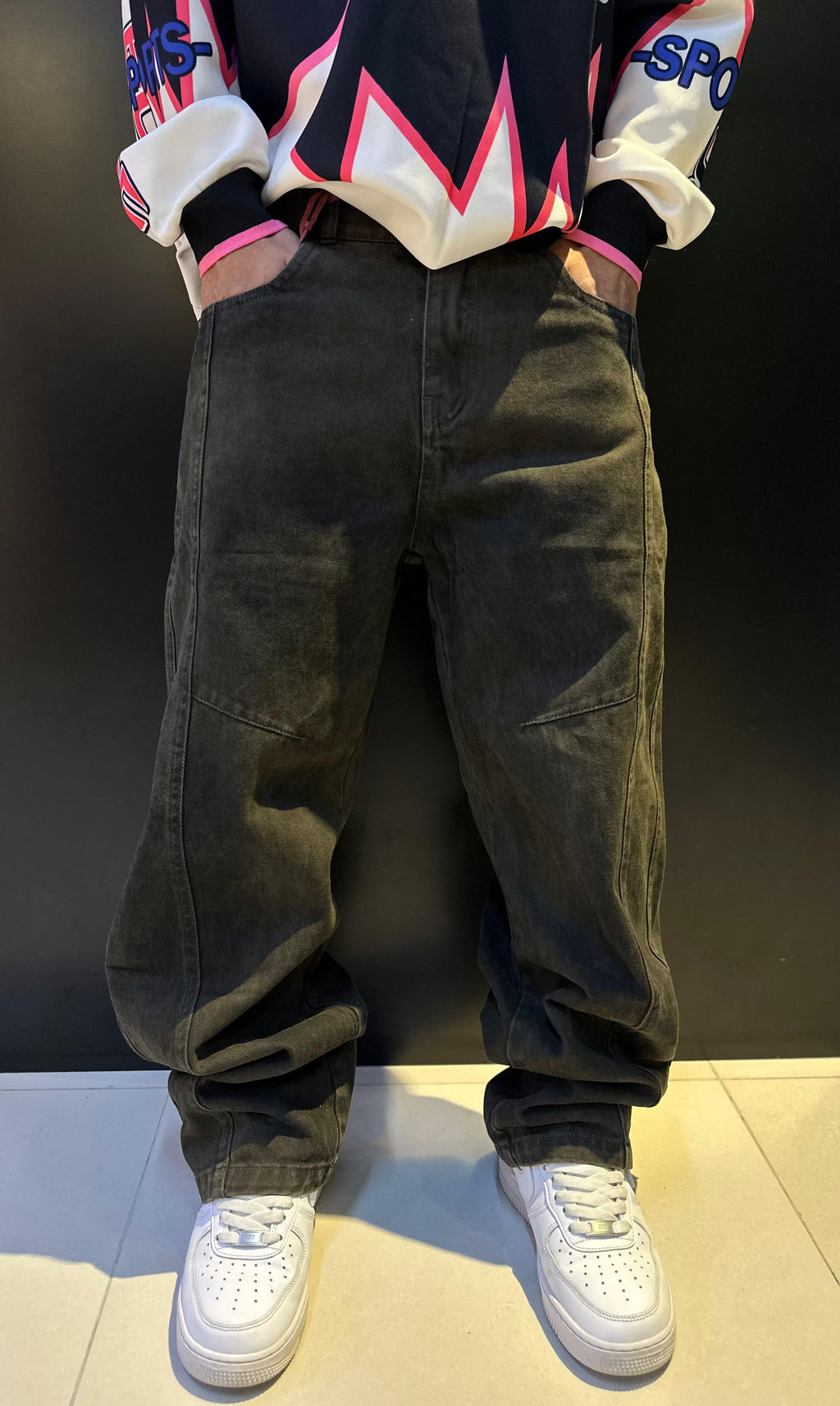 Dark Charcoal Baggy Denim Carpenter-Style Jeans
