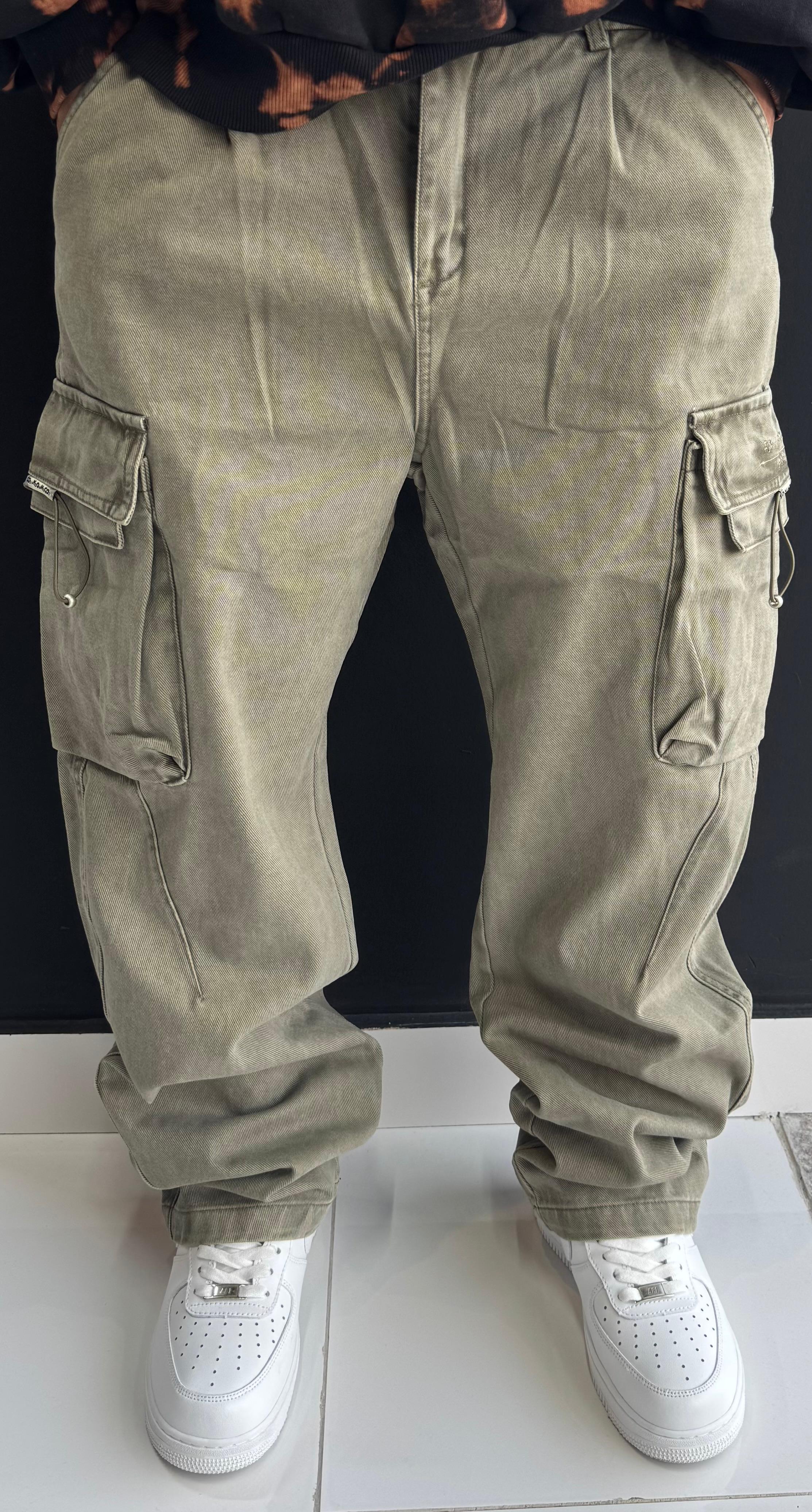 Vintage Corduroy-Style Baggy Cargo Pants - Olive Green