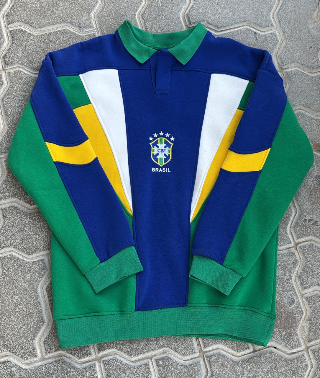 Vintage Brazil CBF Color Block Polo Sweatshirt | Retro Football / Soccer Pullover | Green, Blue, Yellow