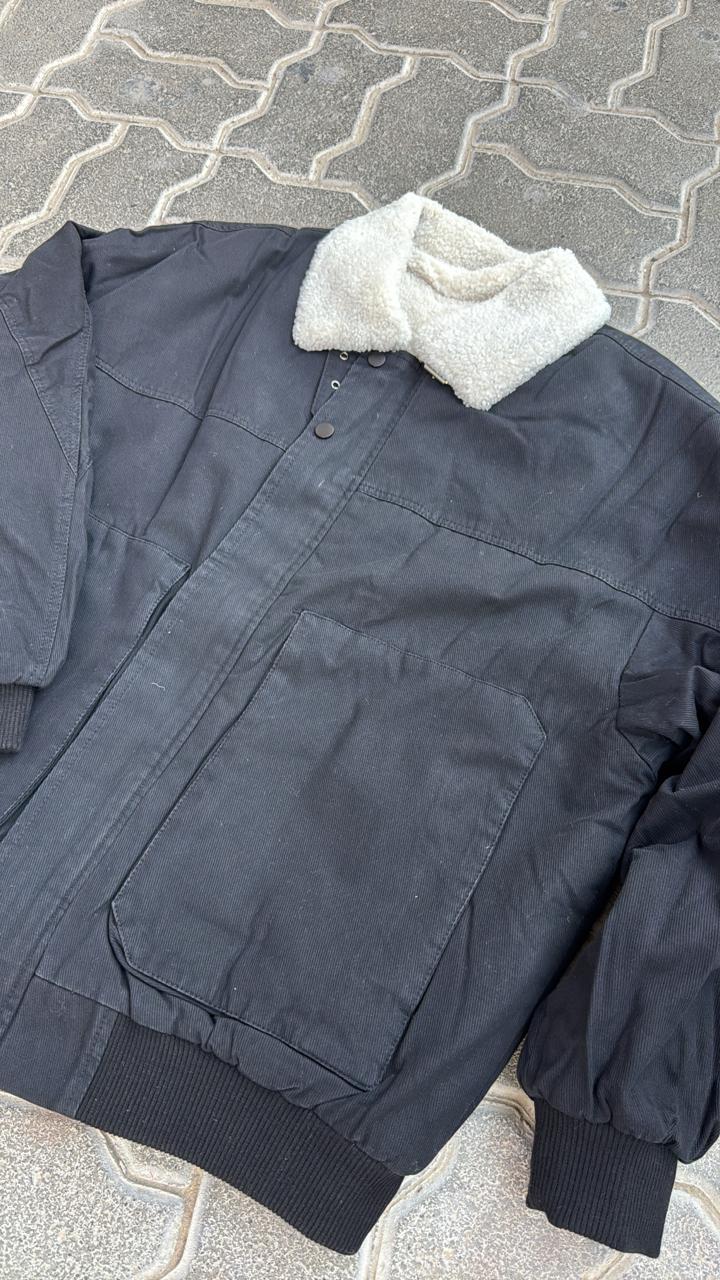 Black Canvas Bomber Jacket with White Sherpa/Fleece Collar