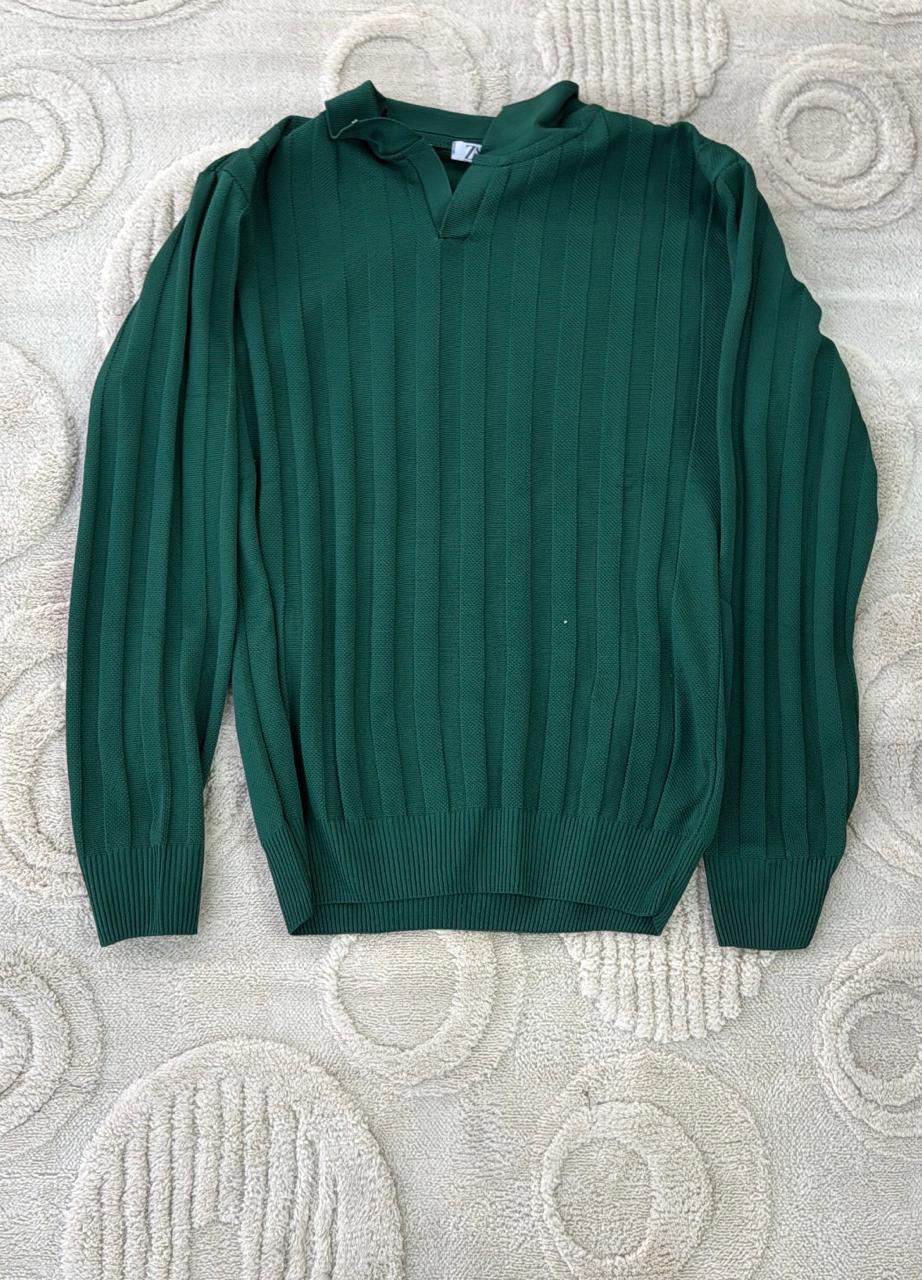 ZARA Emerald Green Ribbed Knit Polo Sweater | Popover V-Neck Jumper