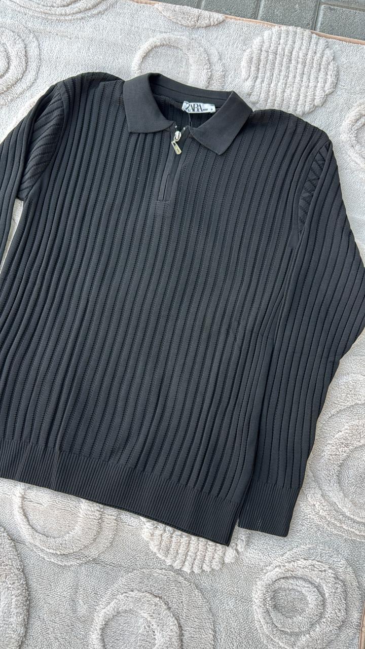 Zara Black Ribbed Knit Quarter-Zip Polo Sweater