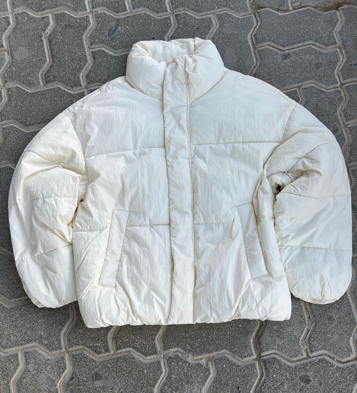 Clean White Puffer Jacket | High Neck Cropped Puffy Coat | Minimalist Streetwear Outerwear