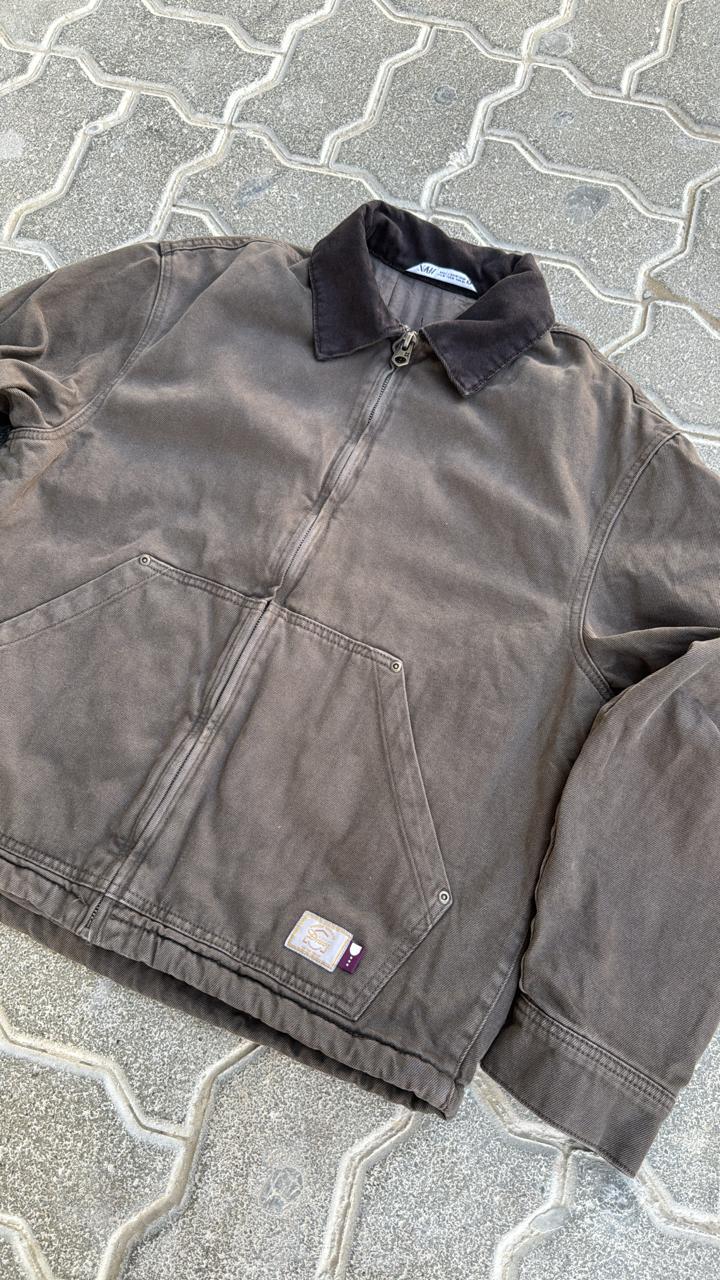 Zara Vintage Faded Brown Canvas Chore Jacket | Dark Contrast Corduroy Collar | Full Zip Workwear Coat