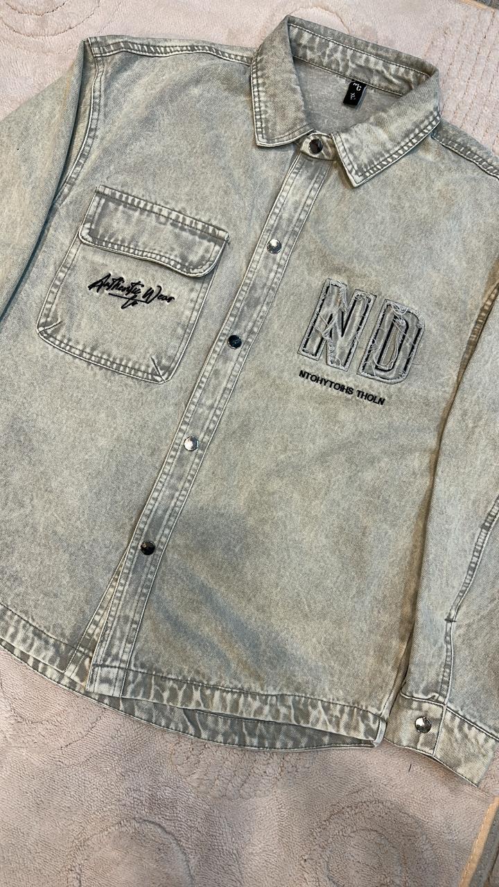 NJ Faded Sage Denim Embroidered Overshirt