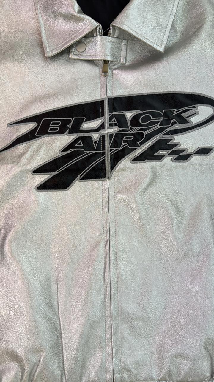 Iridescent Silver Faux Leather Racing Jacket | Black "BLACK AIR" Graphic Print | Metallic Streetwear Bomber