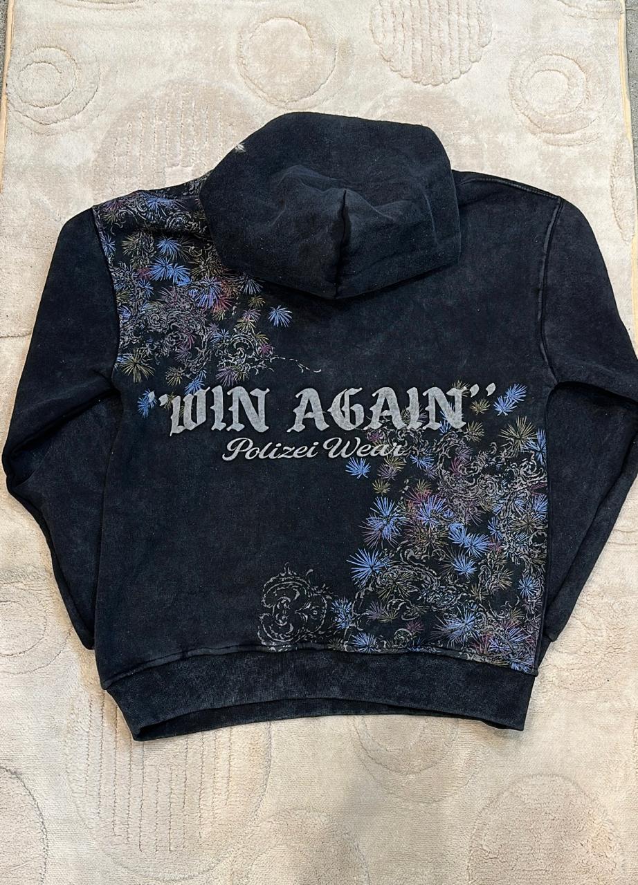 Washed Black Hoodie with "Win Again" Text and Colorful Embroidered Floral Design