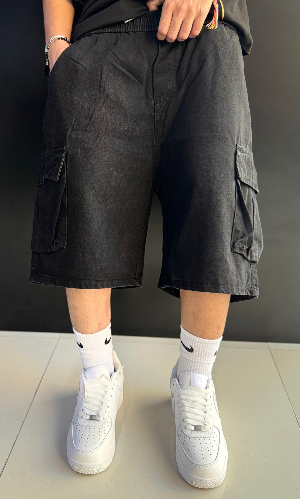 Oversized Dark Gray Denim Cargo Shorts with Drawstring
