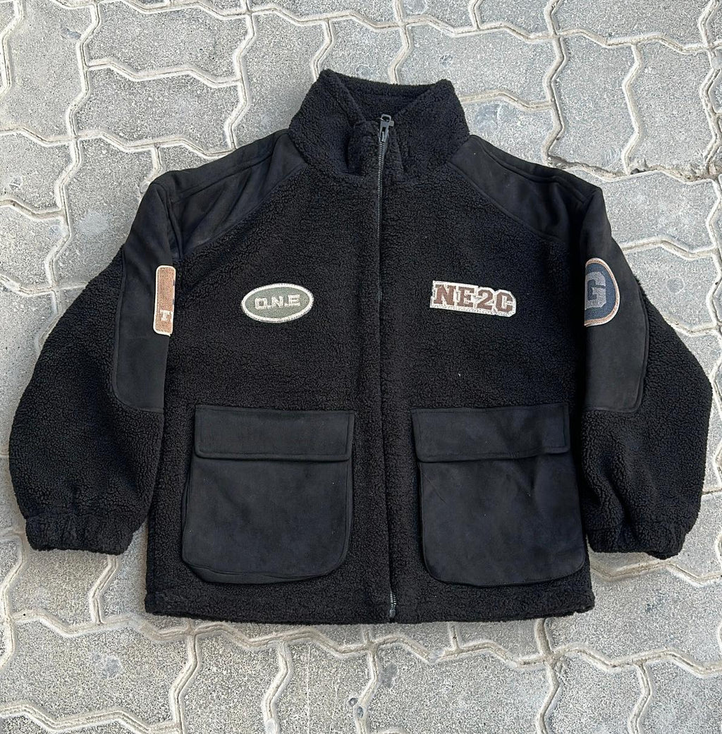 Black Sherpa Fleece Zip-Up Jacket | Suede Patch & Patches Streetwear Outerwear