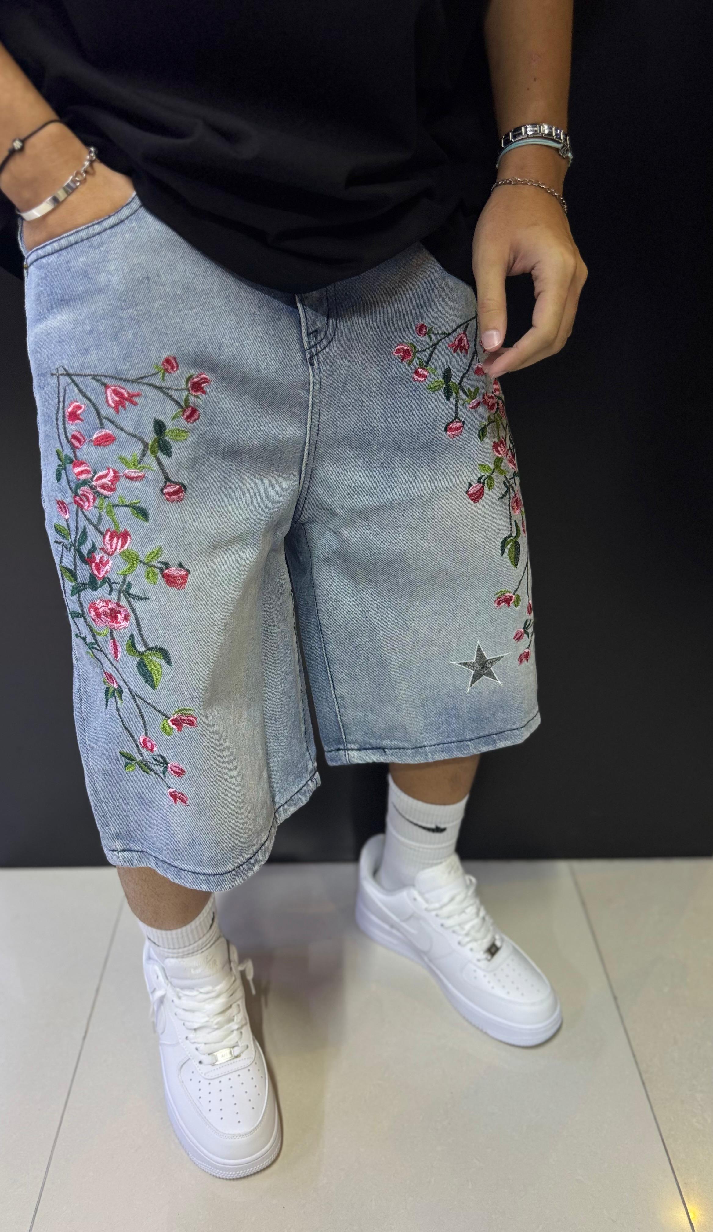 Men's Light Wash Denim Shorts with Floral & Star Embroidery
