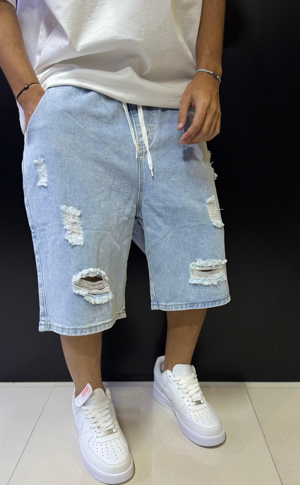 Men's Light Wash Distressed Denim Shorts with Drawstring