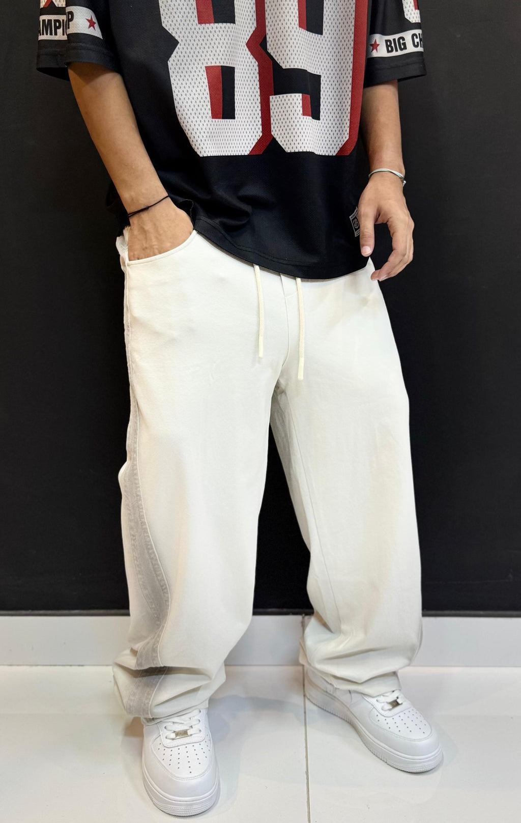 Oversized Cream/Off-White Wide-Leg Trousers | Casual Drawstring Bottoms