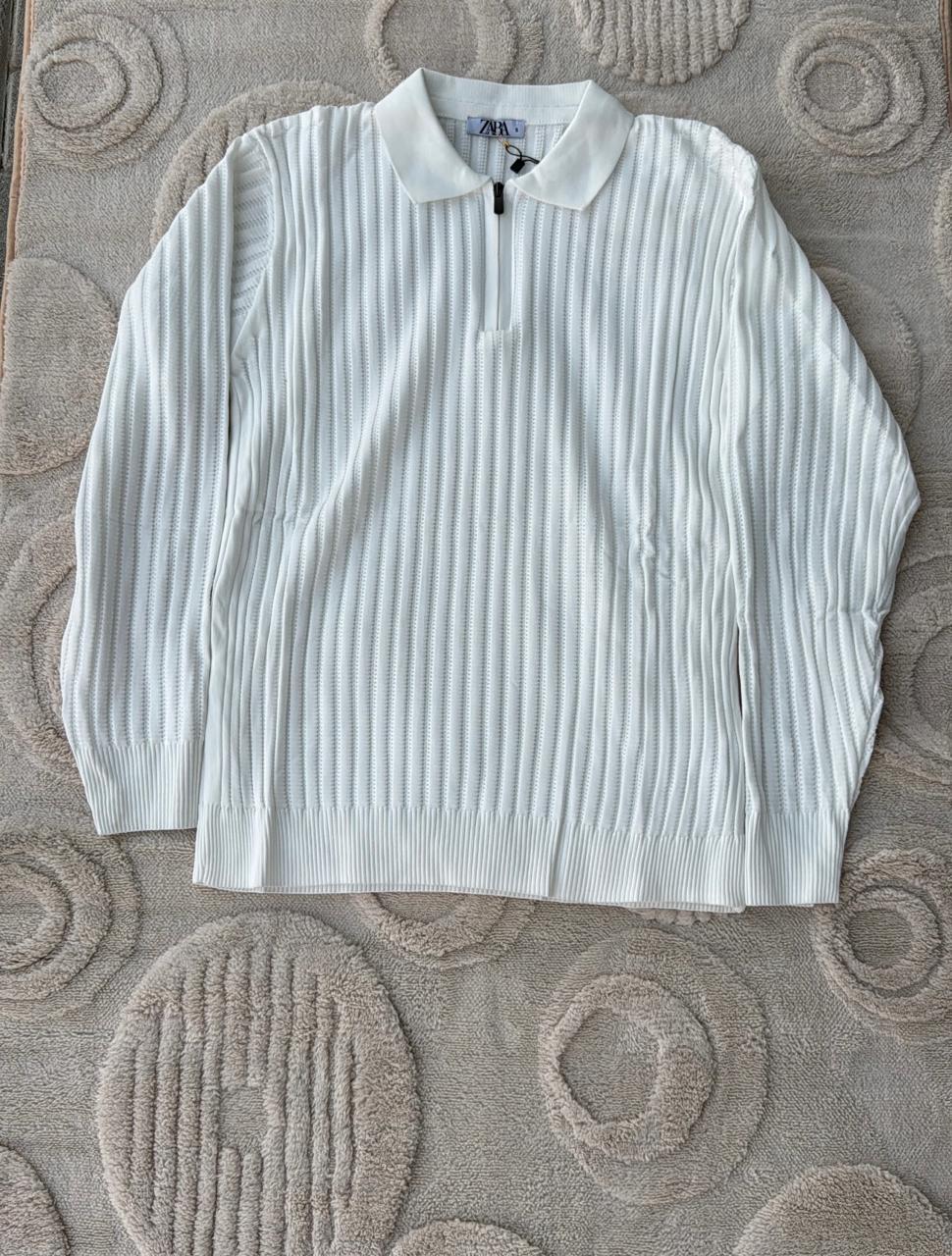 Zara White Ribbed Knit Quarter-Zip Polo Sweater | Cream/Ecru Jumper