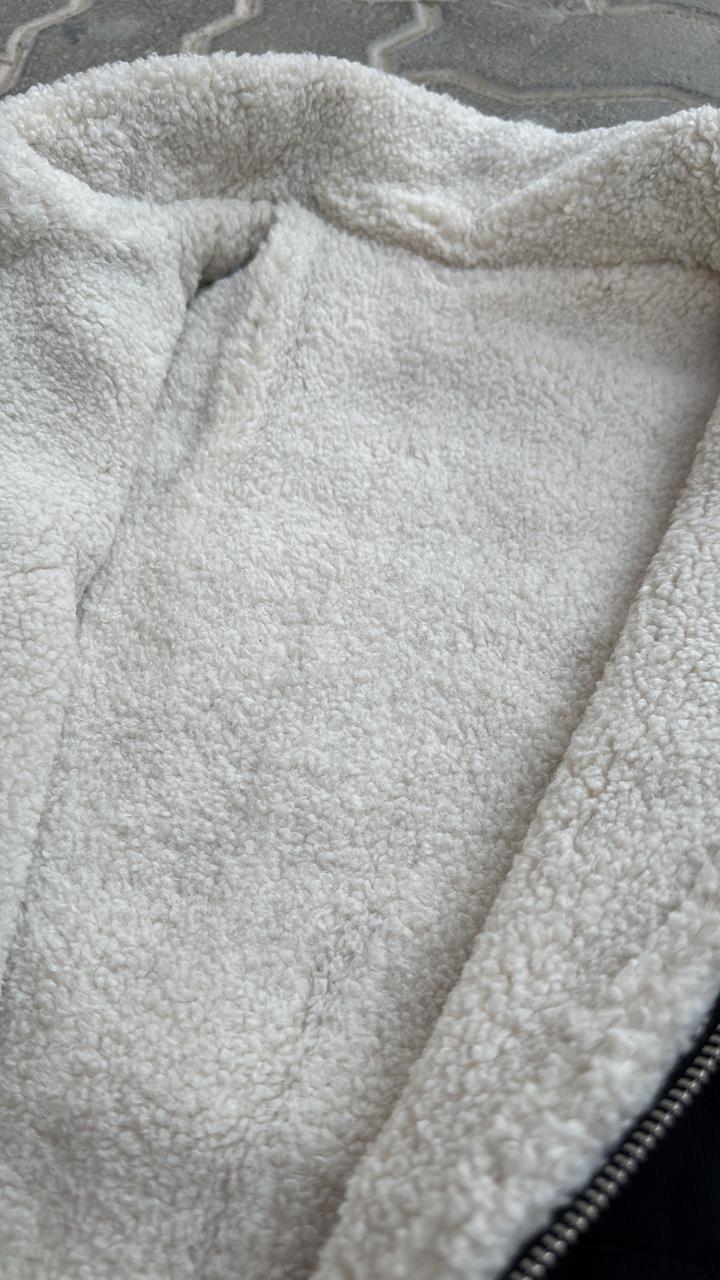 Black Canvas Bomber Jacket with White Sherpa/Fleece Collar