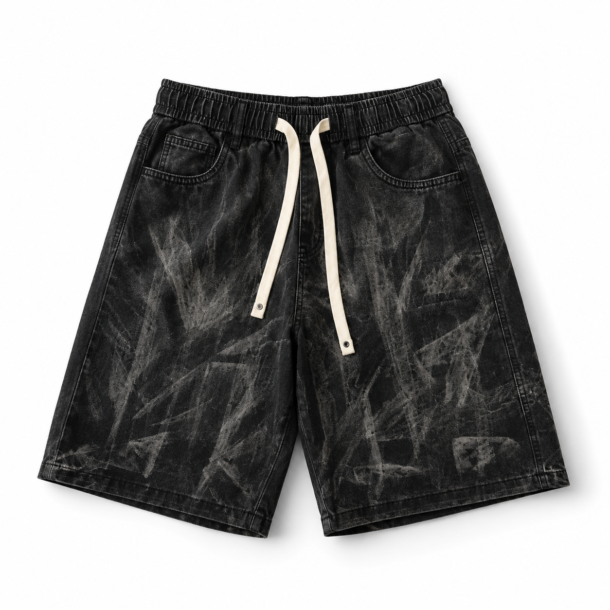 Men's Black Washed Denim Shorts – Abstract Distressed Streetwear Shorts