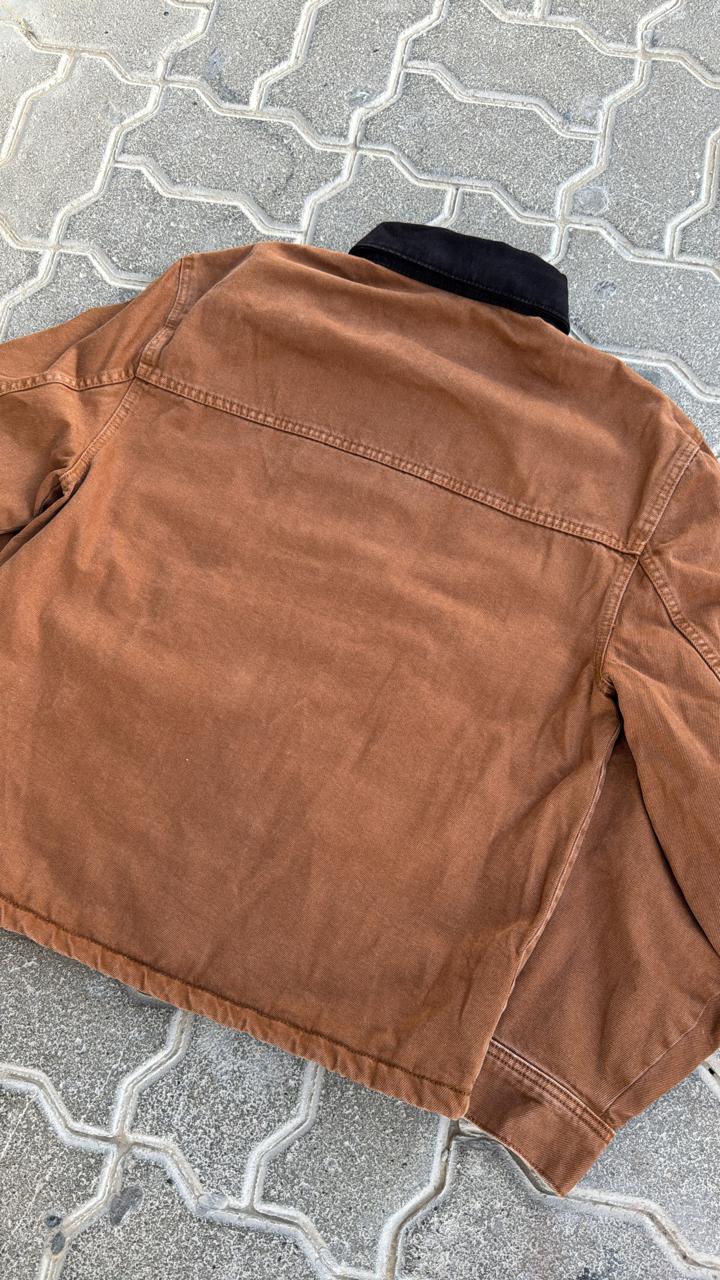 Zara Vintage Rusty Brown Corduroy Workwear Jacket | Black Corduroy Collar | Full Zip Barn Coat