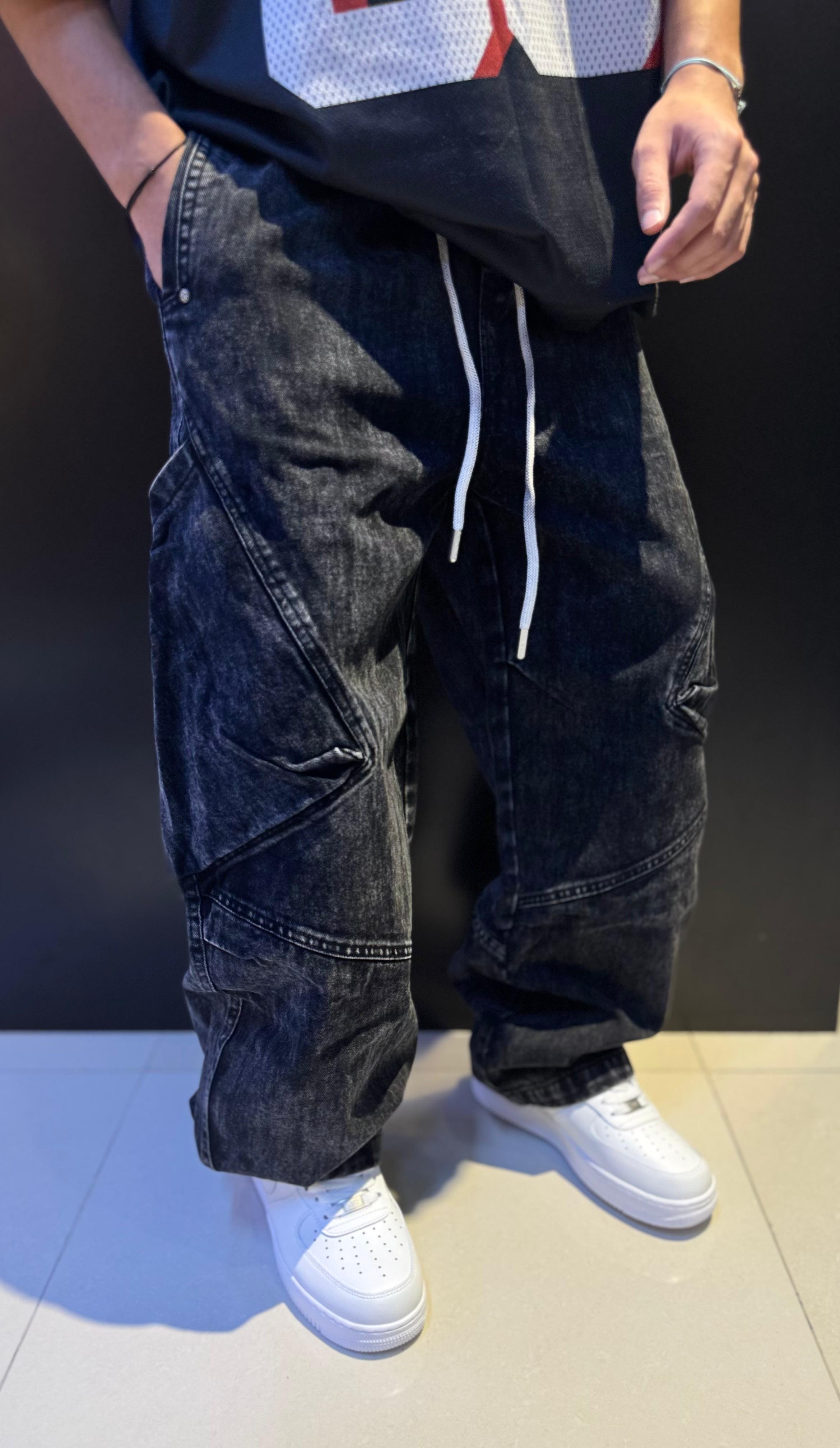 Men's Ultra Baggy Black Washed Cargo Pants | Oversized Wide-Leg Drawstring Streetwear Trousers | Y2K Fit