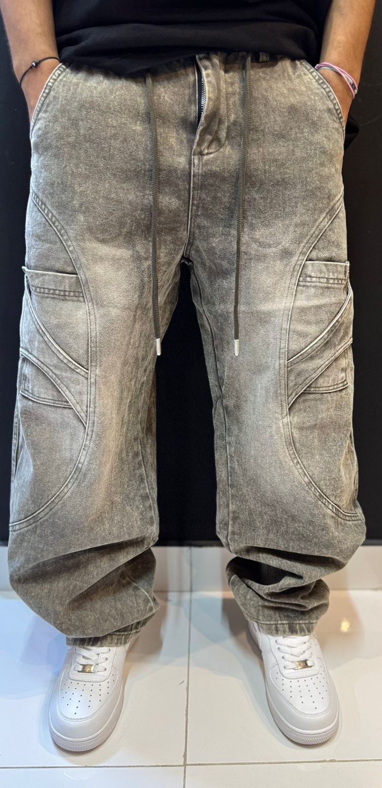 Vintage Washed Khaki/Taupe Baggy Denim Cargo Pants