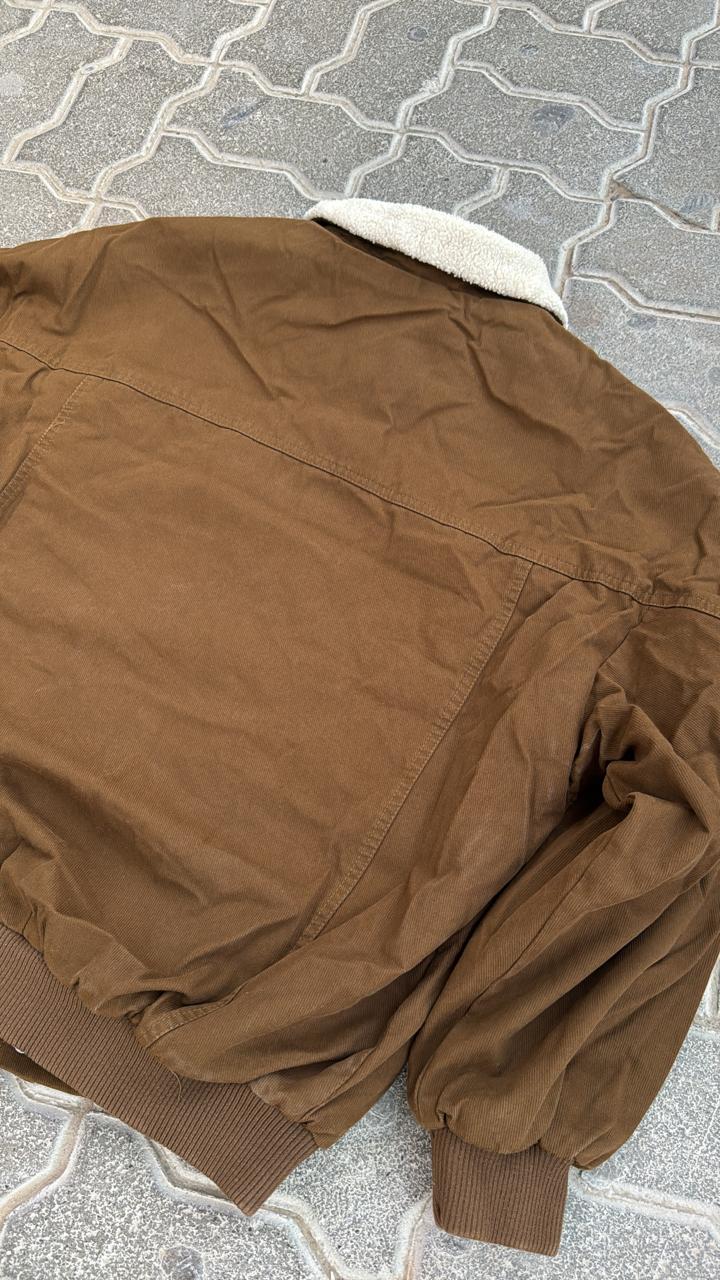 Earthy Brown Canvas Jacket with White Sherpa Collar | Oversized Vintage Workwear Bomber