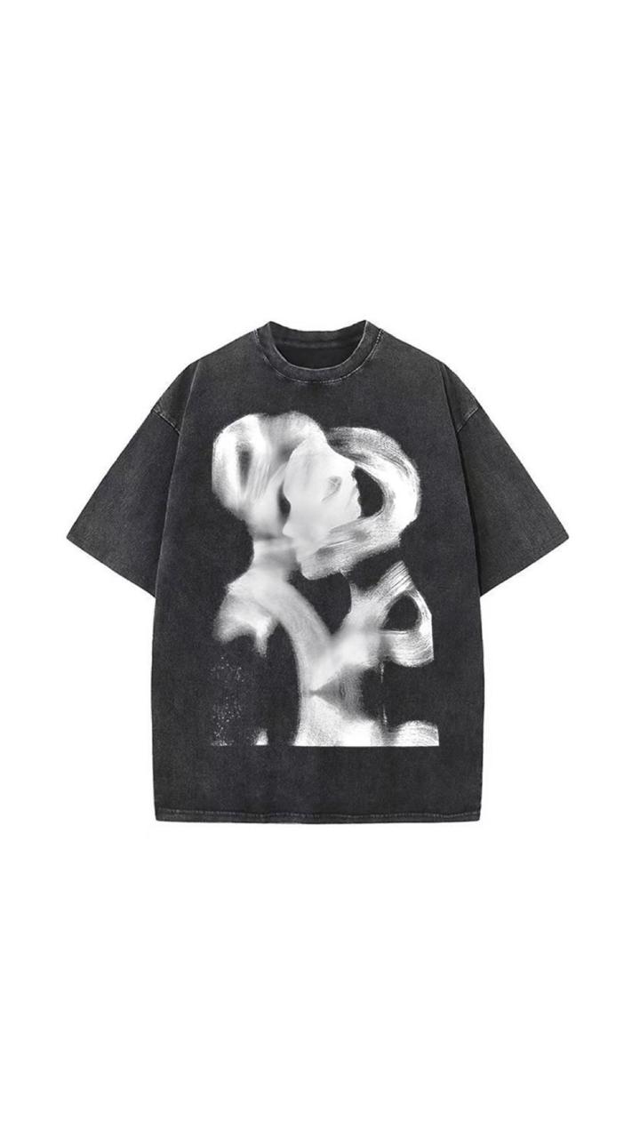 Washed Black T-Shirt with Blurred Dual-Figure Graphic