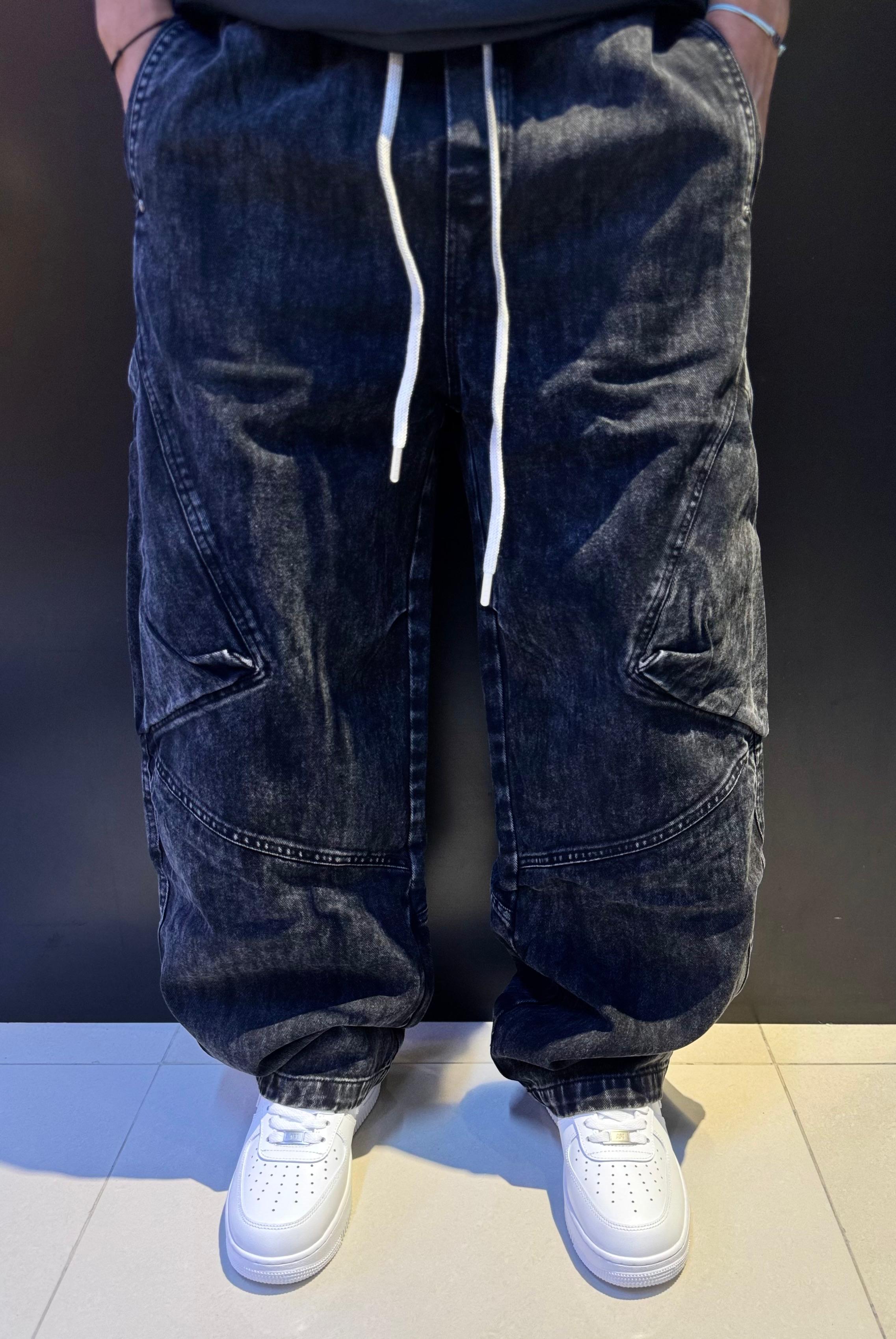 Men's Ultra Baggy Black Washed Cargo Pants | Oversized Wide-Leg Drawstring Streetwear Trousers | Y2K Fit