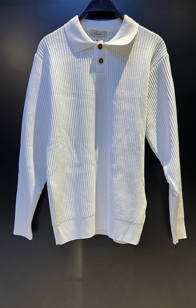 Classic White Long-Sleeve Knit Polo Shirt with Brown Buttons