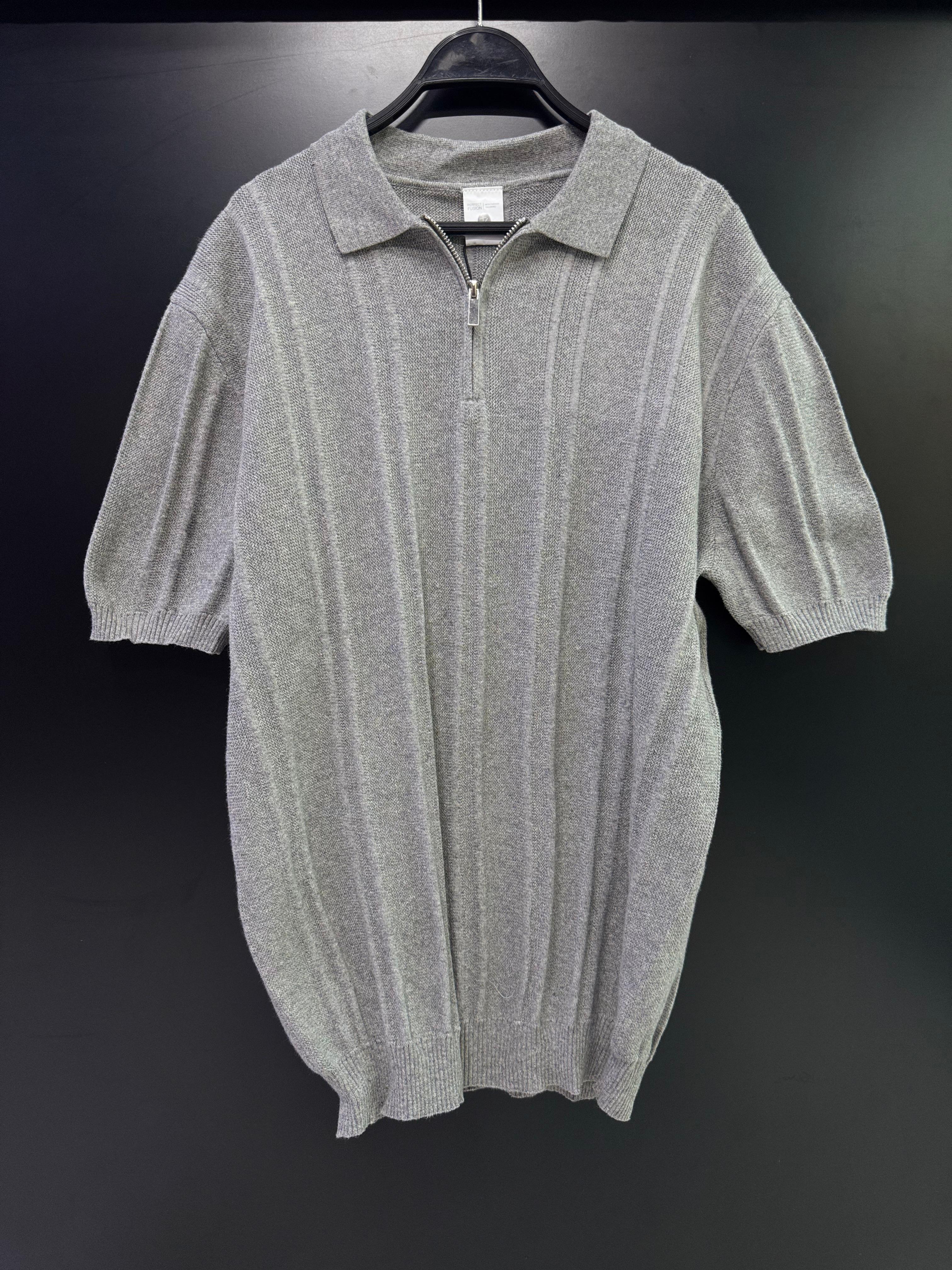 Men's Grey Ribbed Knit Half-Zip Polo Shirt