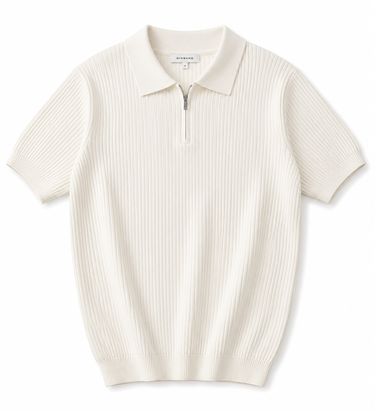 Elite Off-White Ribbed Knit Zip Polo Shirt – Premium Smart Casual Summer Polo