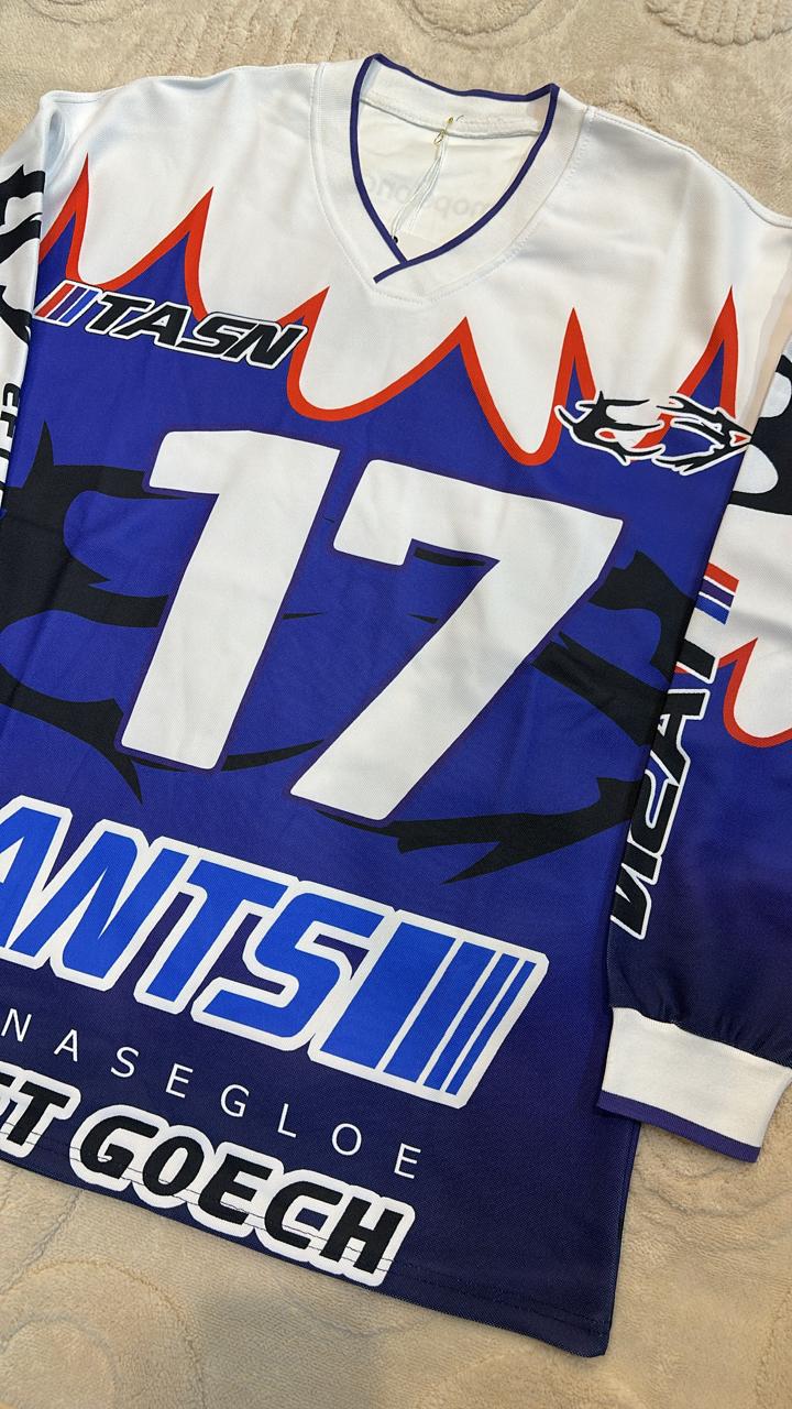 Free size Bold Blue & White Racing Jersey | "17 ANTSI" Graphic Long Sleeve