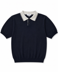 Navy Knit Polo Shirt with White Collar