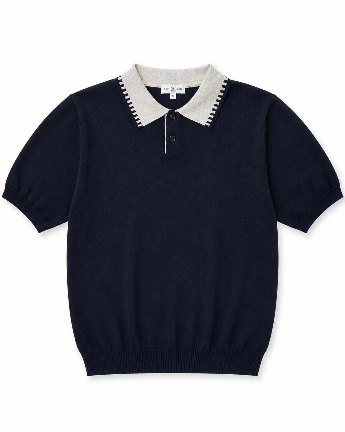 Navy Knit Polo Shirt with White Collar