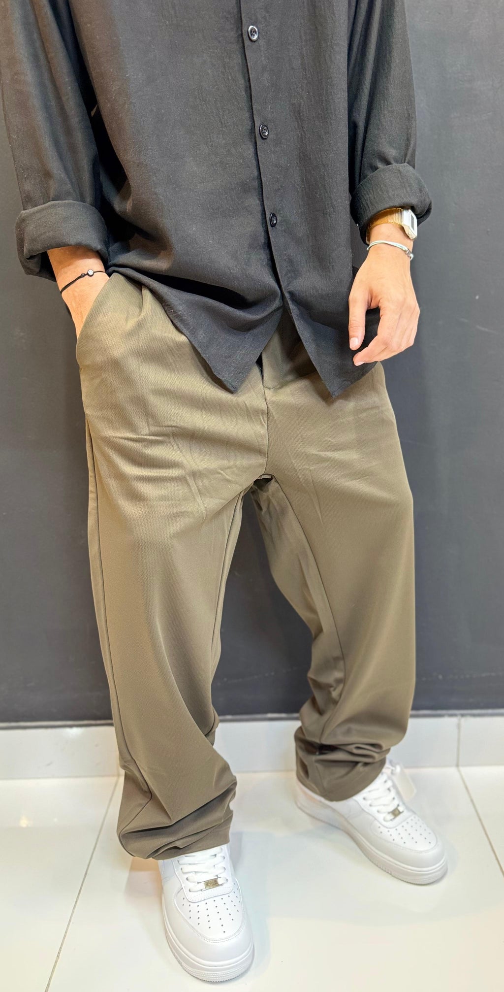Olive/Khaki Wide-Leg Utility Trousers
