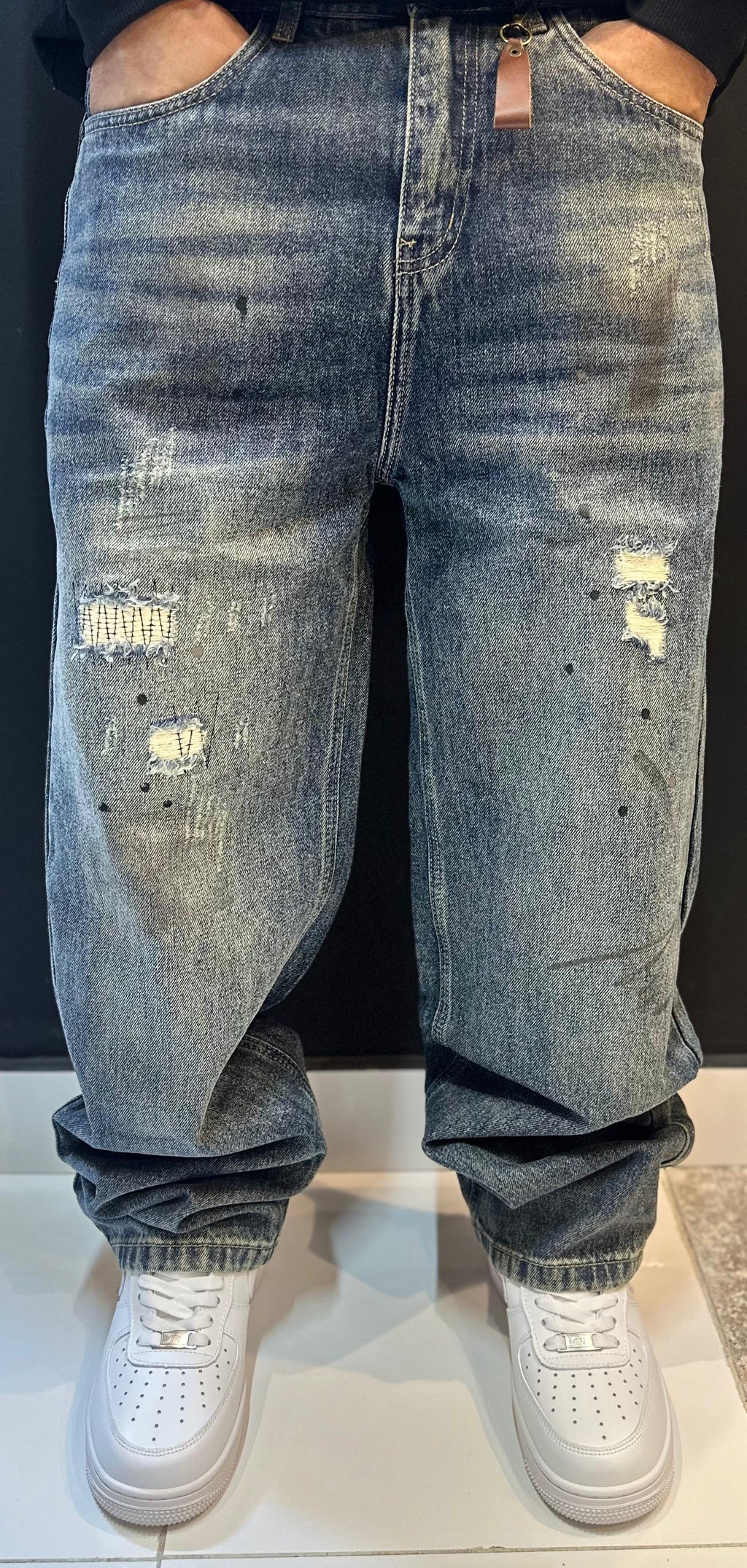 Distressed Wide-Leg Denim with Cutout Waist