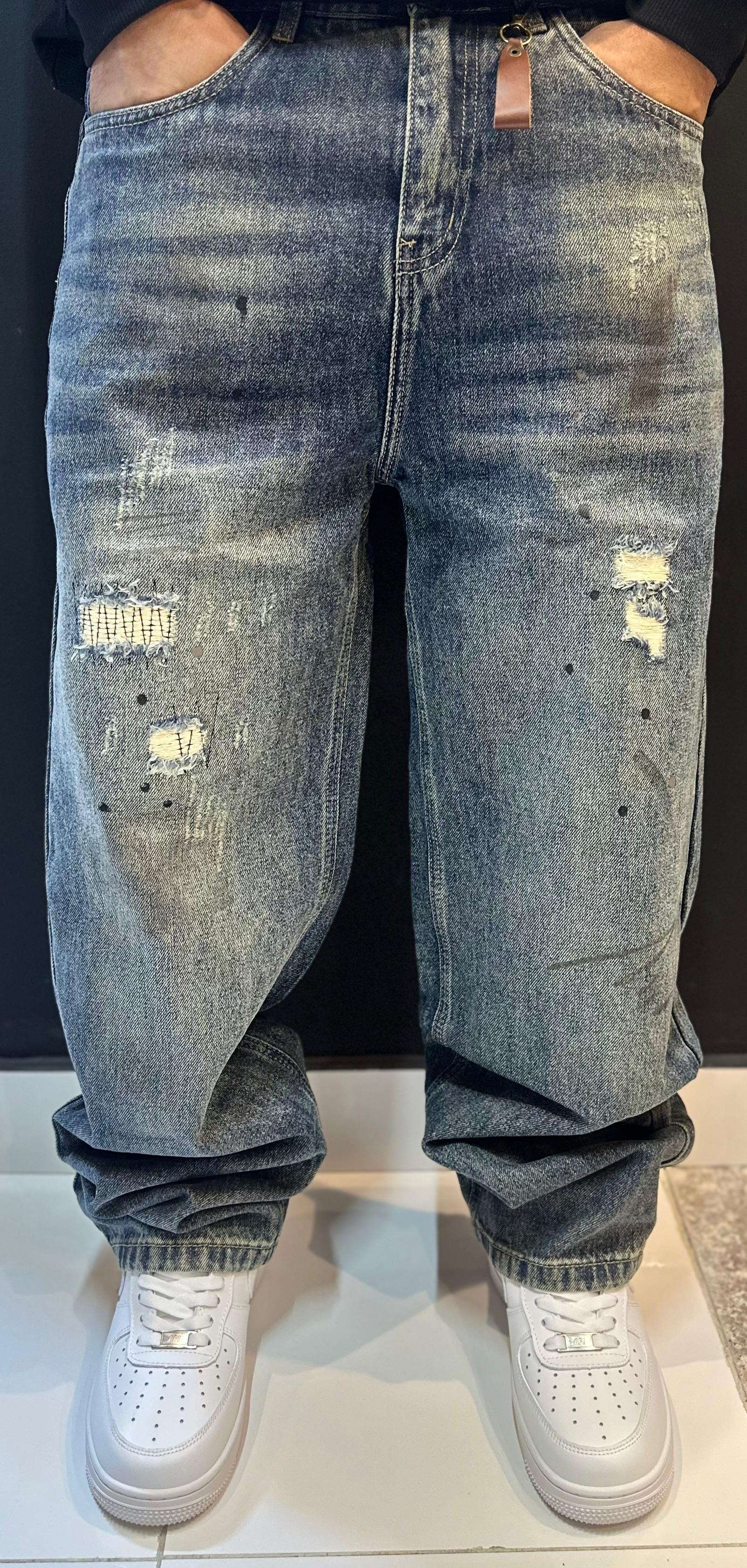 Distressed Wide-Leg Denim with Cutout Waist