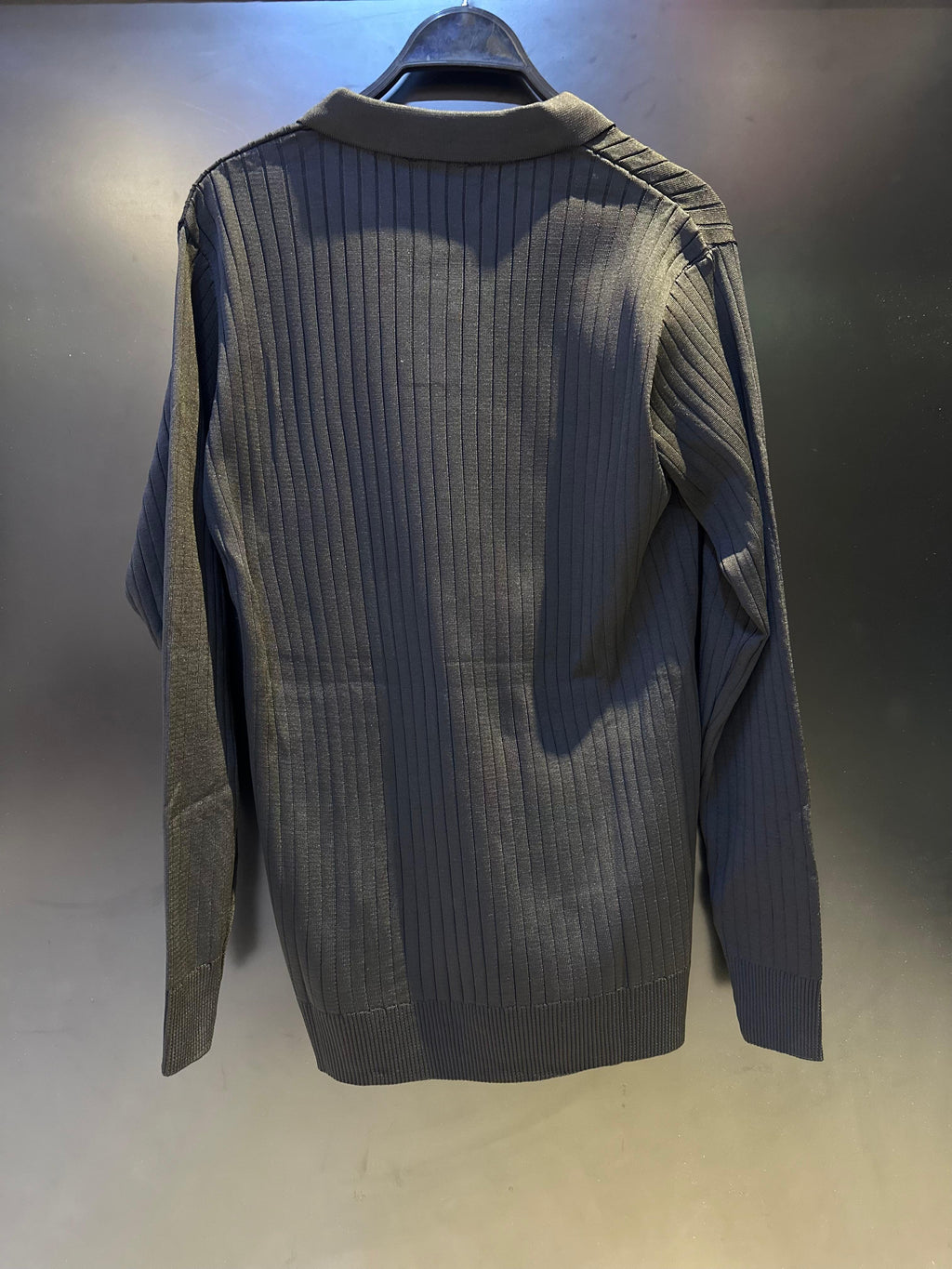 Zara Dark Charcoal Ribbed Knit Long-Sleeve Polo