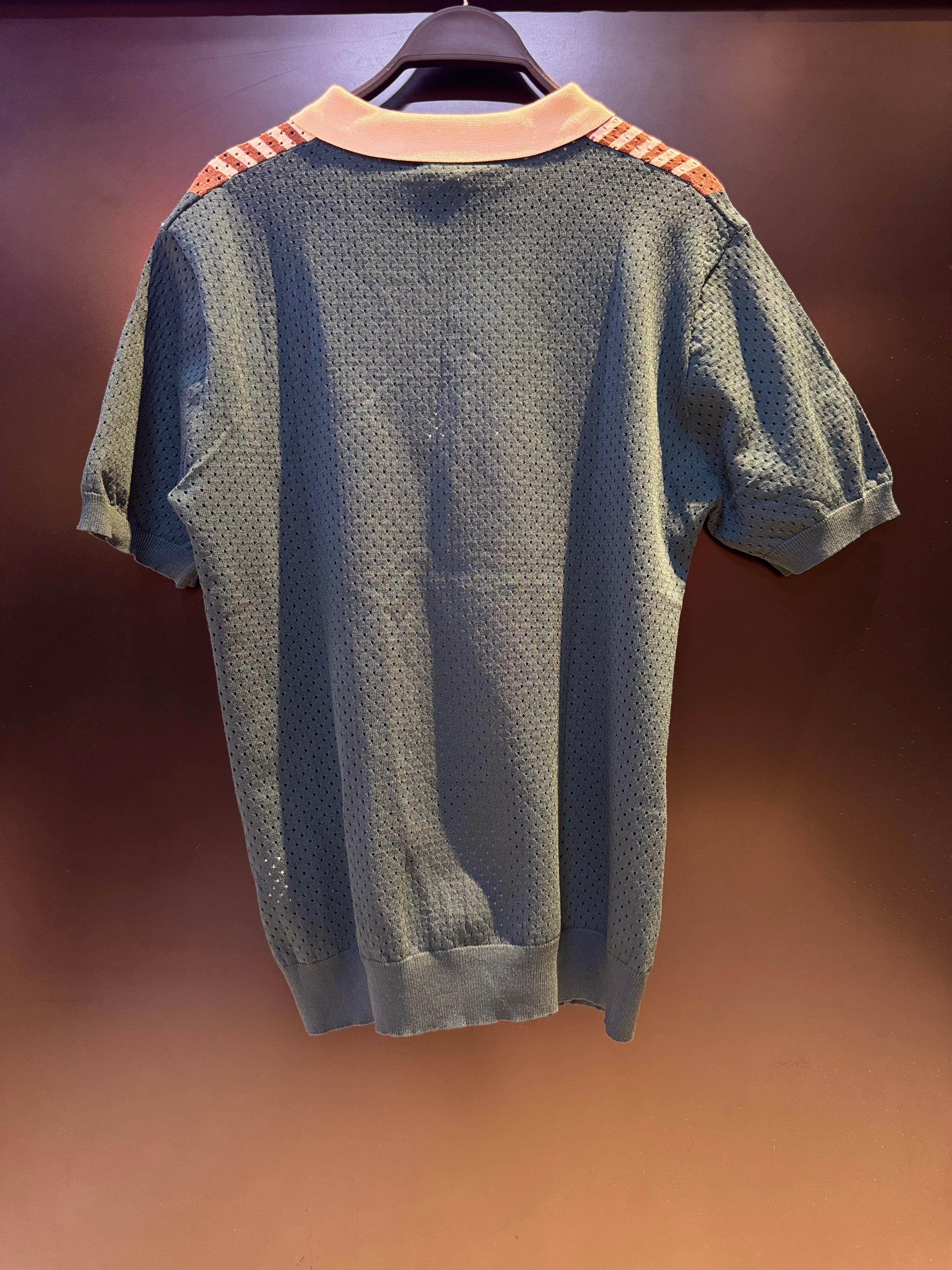 Multi-Color Striped and Perforated Knit Polo Shirt