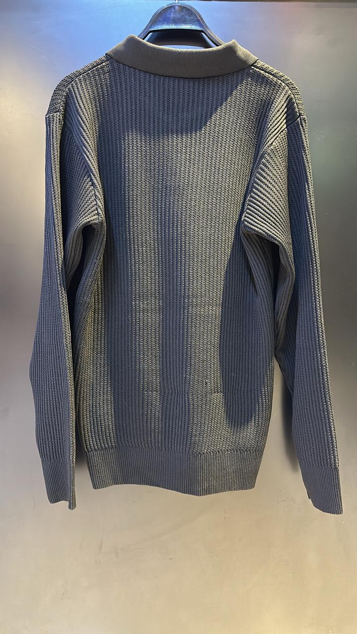 Men's Textured Rib-Knit Long Sleeve Polo Shirt - Charcoal Gray