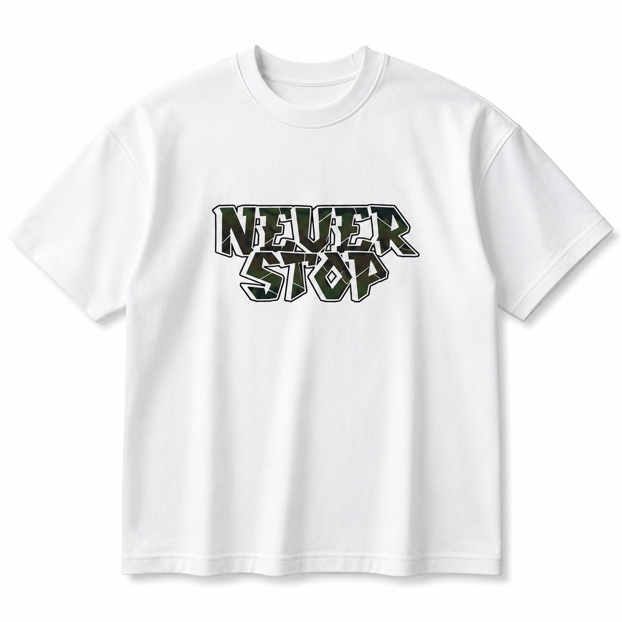 Never Stop Oversized White Graphic T-Shirt – Premium Streetwear Cotton Tee