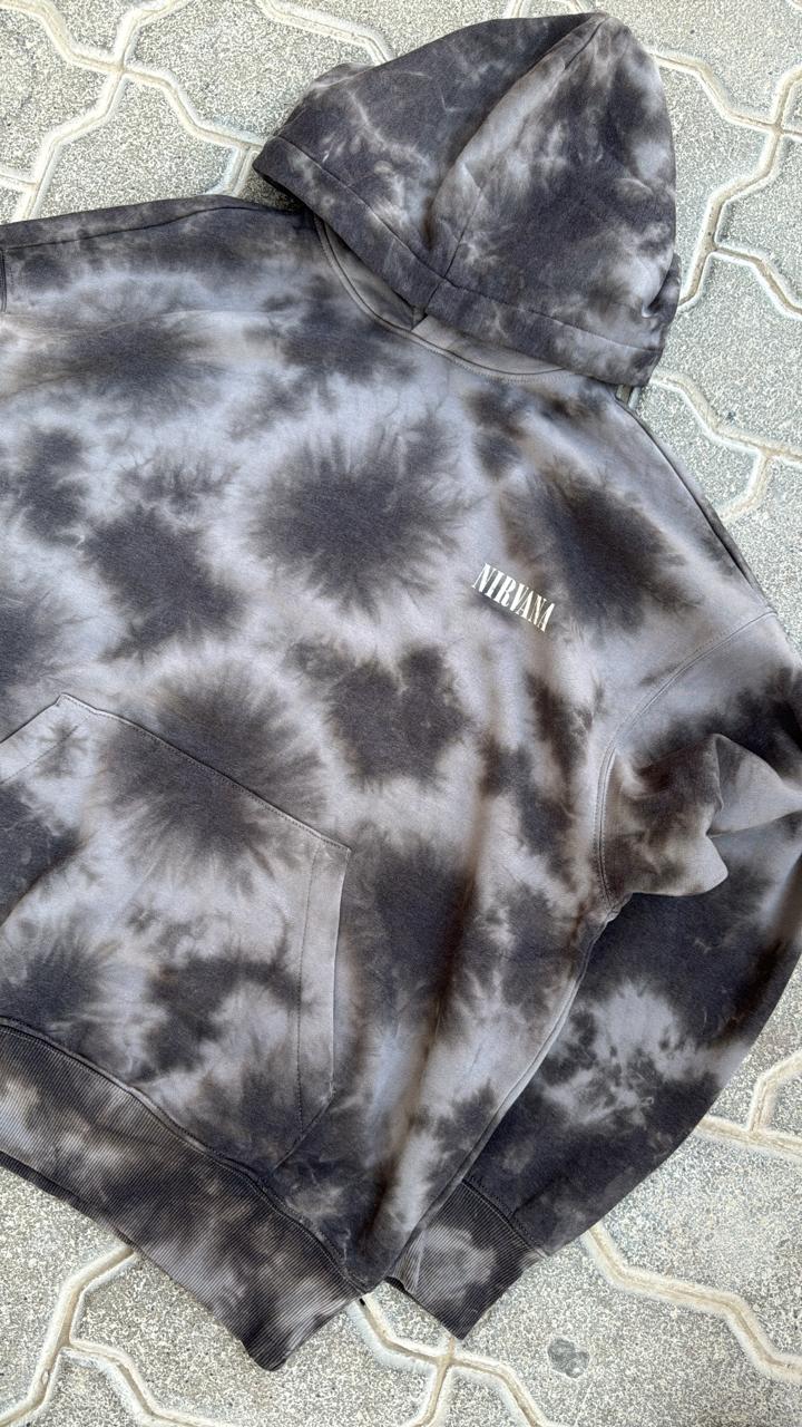 Nirvana Tie-Dye Hoodie | Charcoal & Grey Acid Wash Pullover | Grunge Band Merch Sweatshirt