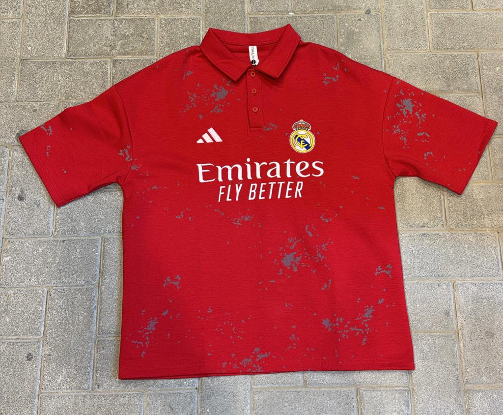 Real Madrid Red Polo Shirt - Emirates Sponsor & Unique Distressed Pattern