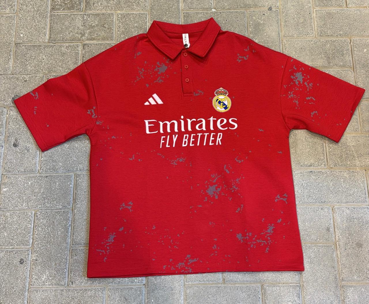 Real Madrid Red Polo Shirt - Emirates Sponsor & Unique Distressed Pattern
