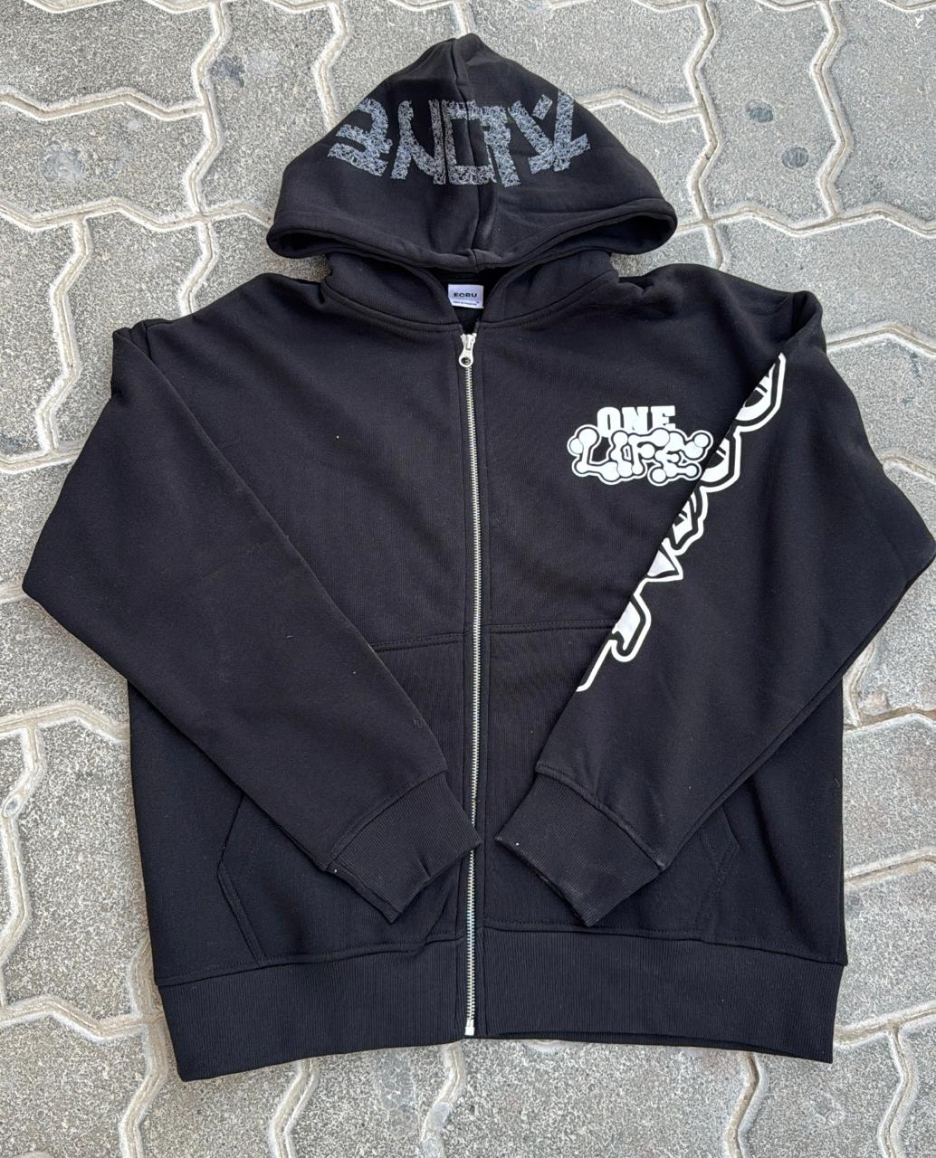 Black Oversized Full-Zip Hoodie | "ALONE" Distressed Hood Graphic | Streetwear Cartoon Print Sleeve