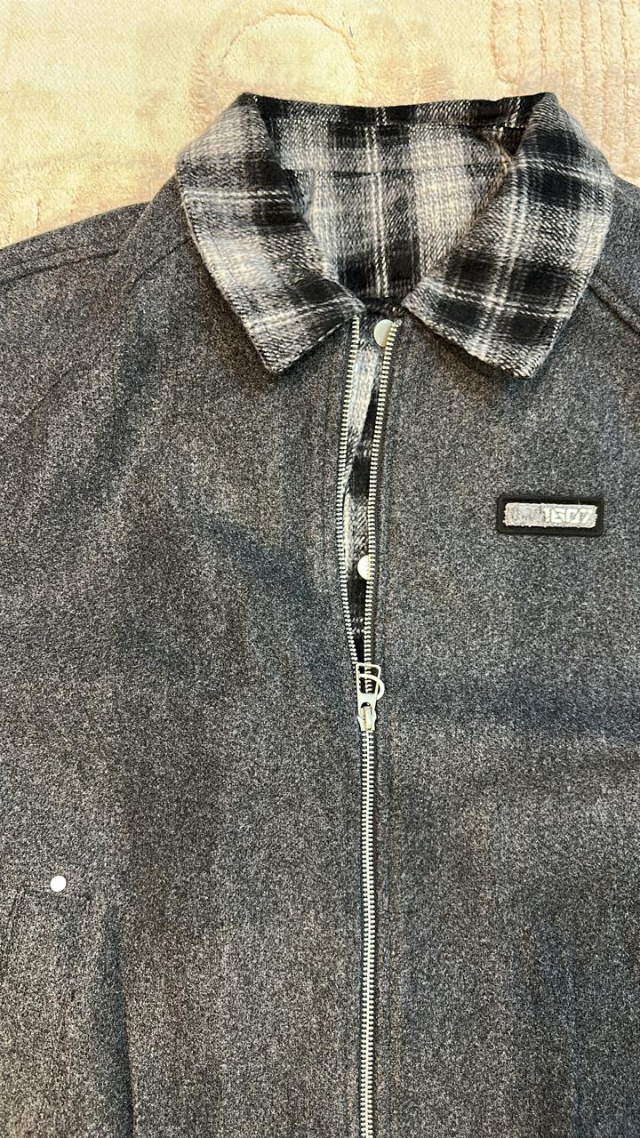 Vonshy Dark Grey Felted Jacket with Plaid Contrast Collar
