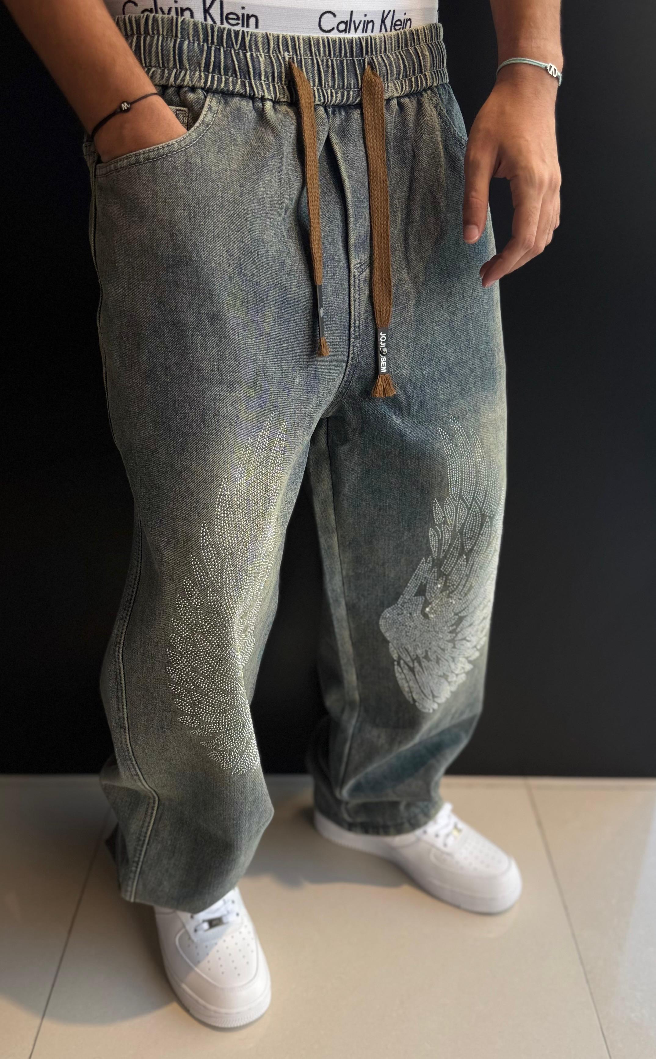 Stone-Wash Swagger: Winged Denim Joggers