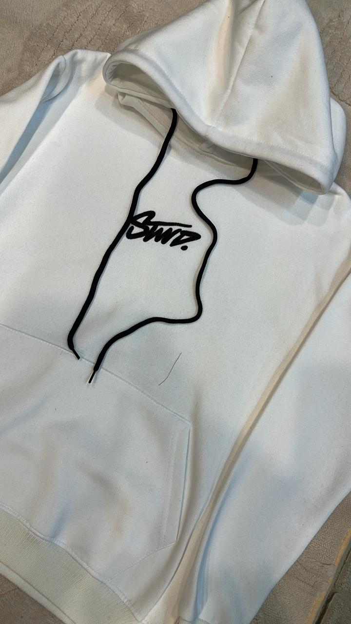 STWD. Logo White Pullover Hoodie - Clean Unisex Sweatshirt with Black Drawstrings