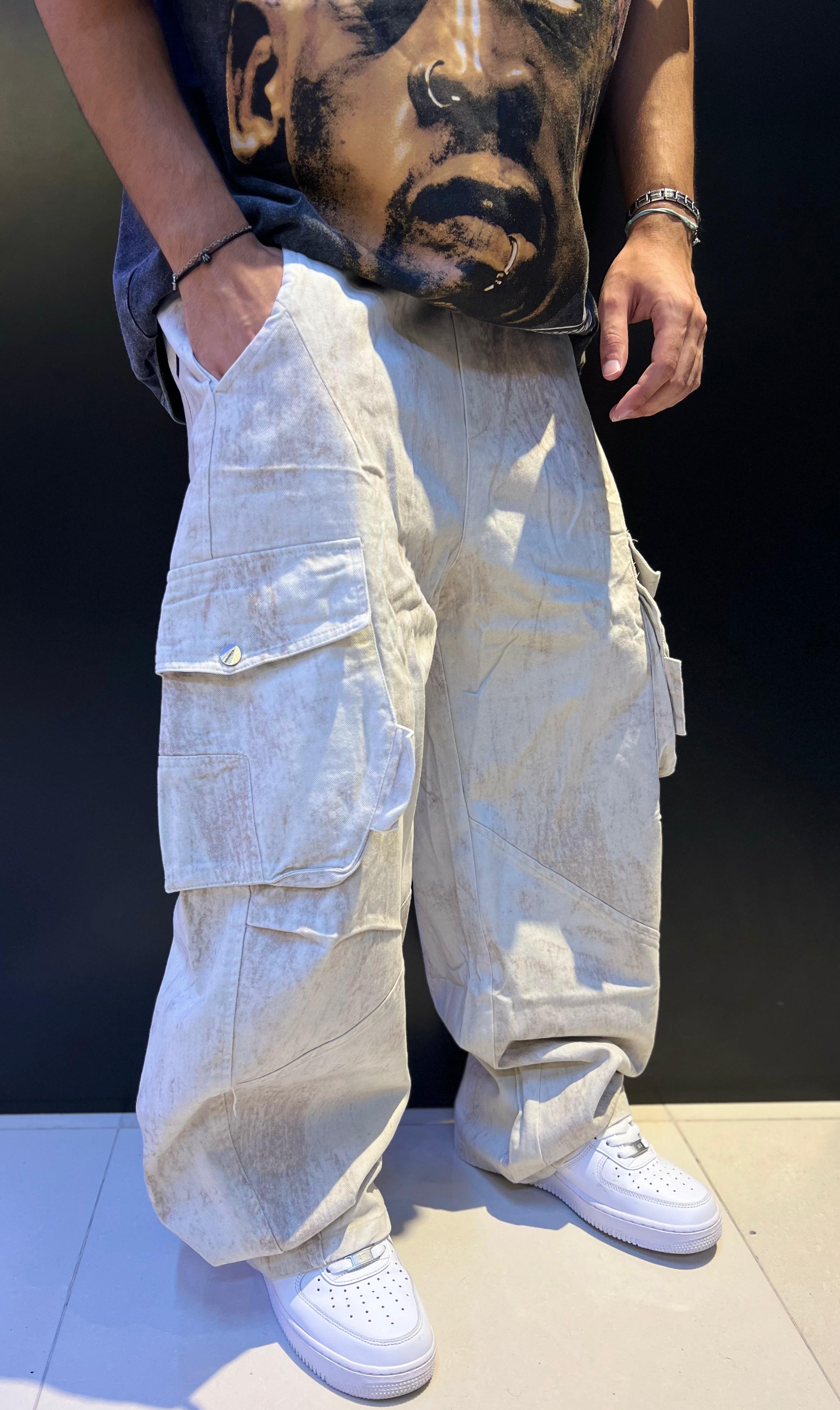 Oversized Distressed Cargo Pants in Stone/Off-White