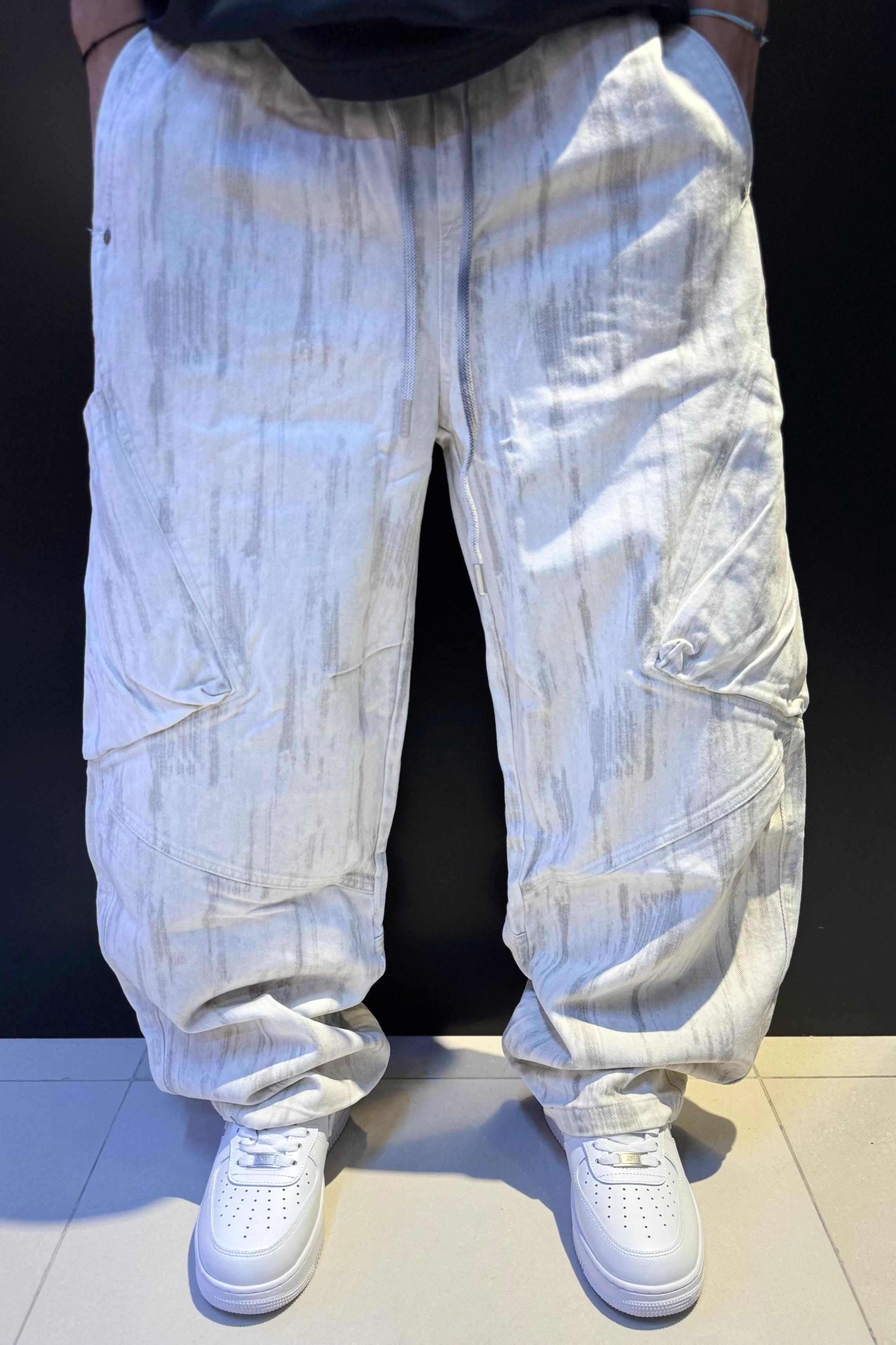 Ultra Baggy White/Gray Streaked Cargo Pants | Oversized Wide-Leg Washed Streetwear Trousers | Y2K Fit