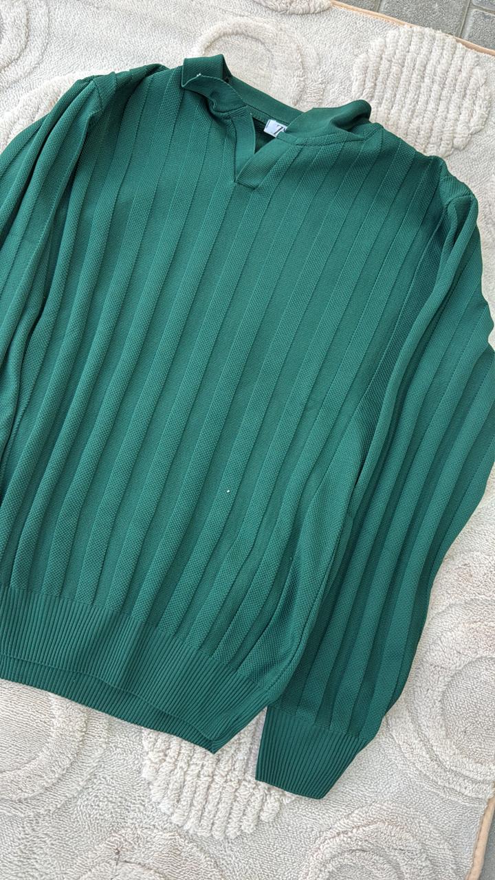 ZARA Emerald Green Ribbed Knit Polo Sweater | Popover V-Neck Jumper