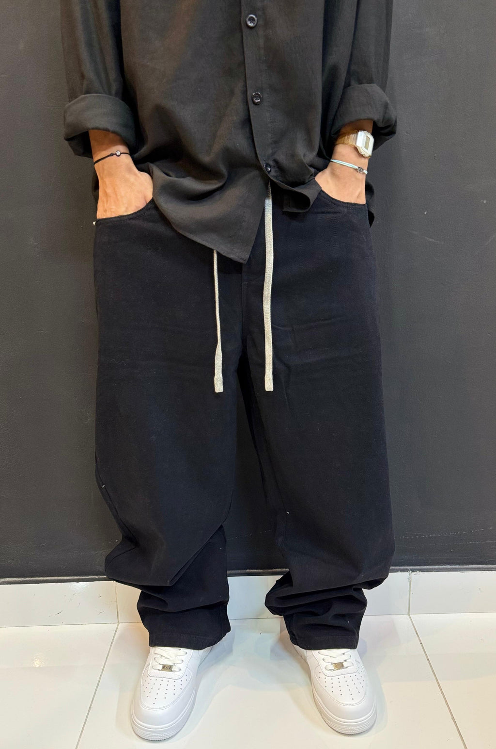 High-Shine Black Nylon Track Pants