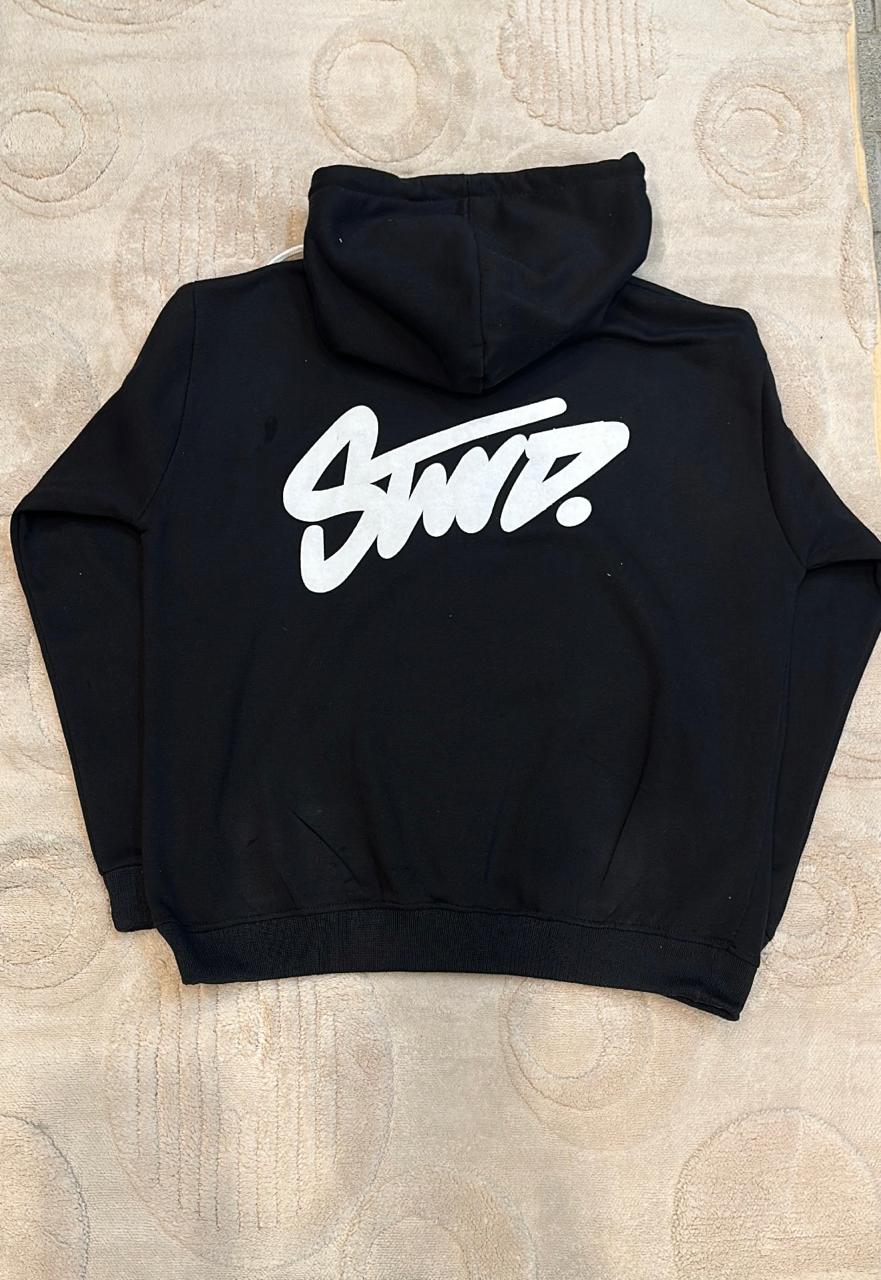 STWD. Logo Black Pullover Hoodie - Classic Unisex Sweatshirt with White Drawstrings